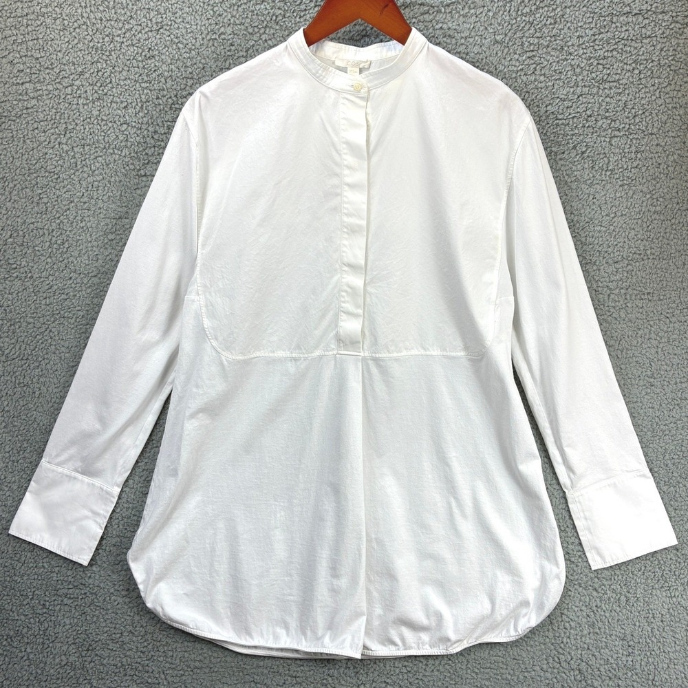 COS Shirt Tunic Band Collar Womens Size S White Cotton Long Sleeve Minimalist